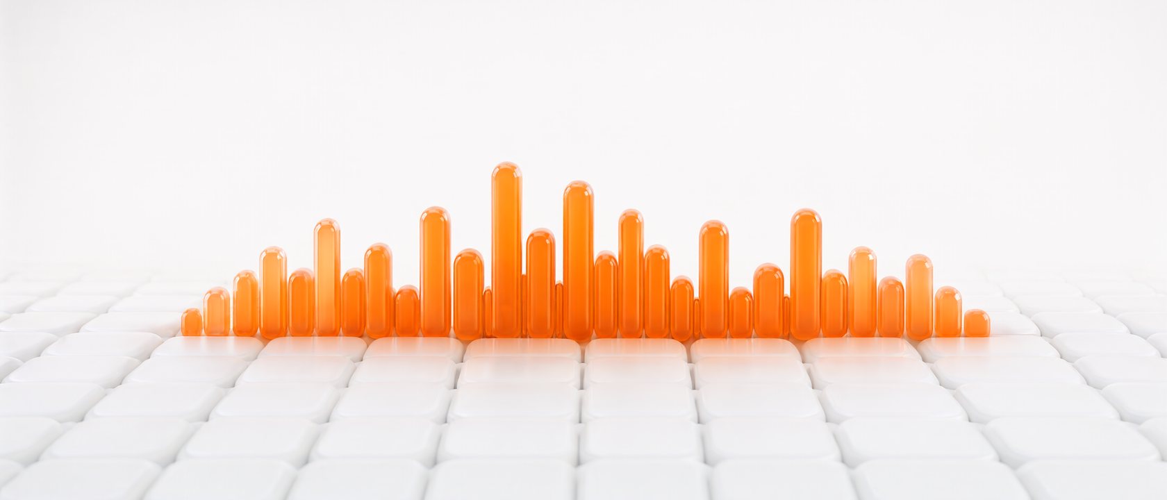 Glossy orange bars rising like a sound wave from white tiles